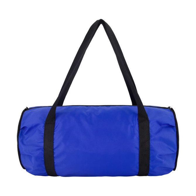 A blue duffle bag with black straps, featuring a simple design and a branding logo.