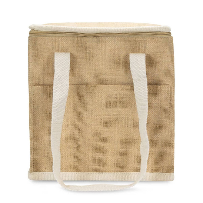 A tan lunch cooler bag with white handles and a textured exterior, featuring two external pockets.