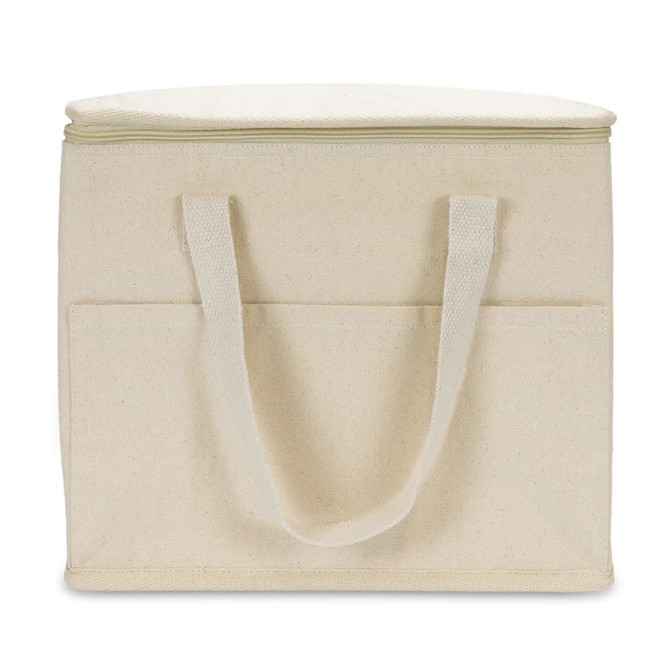 A cream coloured cooler bag with a zip closure and two side handles, featuring an exterior pocket.