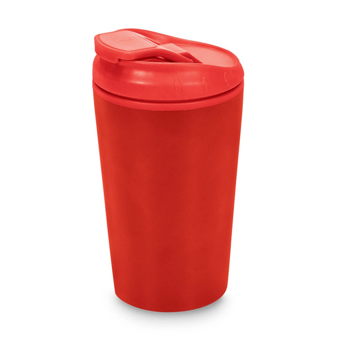 A reusable coffee cup in vibrant red with a matching lid and built-in drinking spout. Features a simple design and branding.