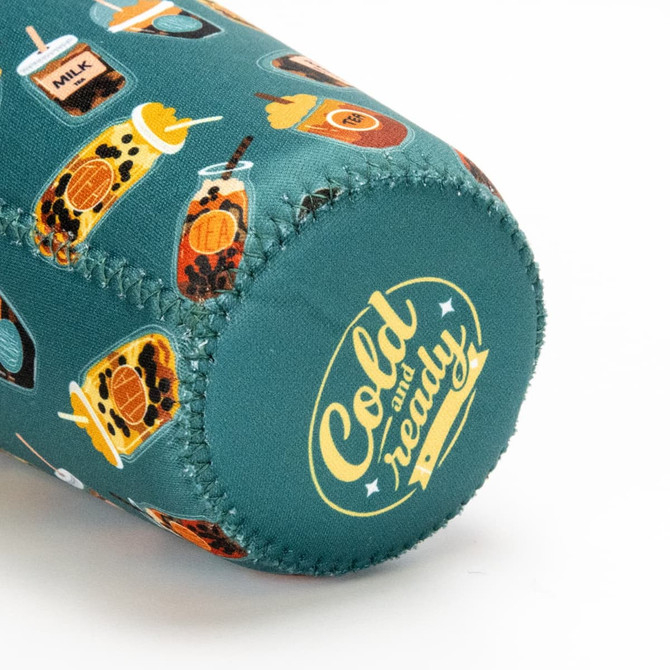 A drink bottle sleeve in teal, featuring colourful coffee and beverage graphics, with a logo on the base.