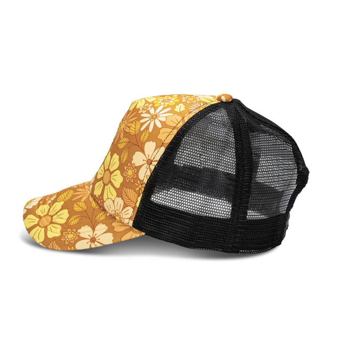 A trucker cap featuring a floral pattern in yellow and brown, with a black mesh back and adjustable strap.