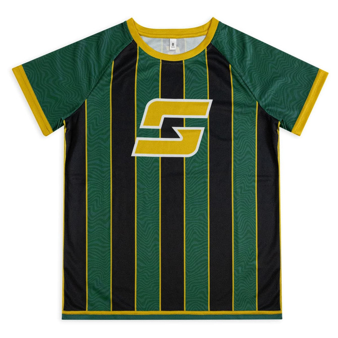 A green and black youth active T-shirt with short sleeves and a yellow trim, featuring a logo on the front.
