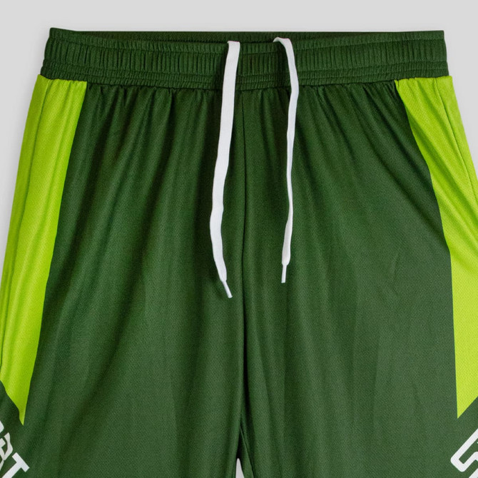 Green and bright lime active shorts with white drawstrings and a logo. Designed for sports and fitness activities.