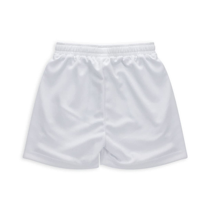 White active shorts for youth, featuring an elastic waistband and a simple design with a logo.