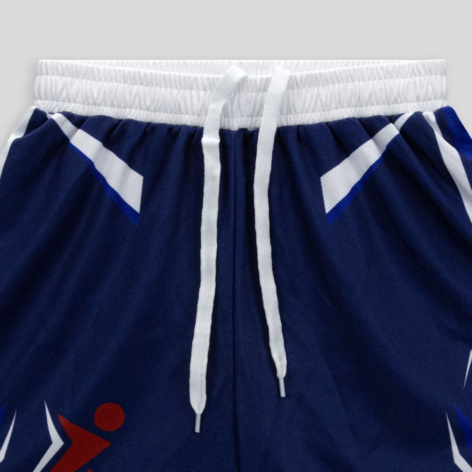 Navy active shorts featuring a white waistband and drawstring, with contrasting blue and red detailing. Includes a logo.