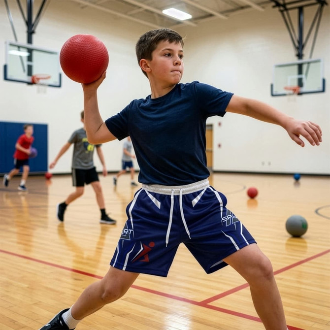 A boy wearing navy blue active shorts and a black t-shirt throws a red dodgeball in a gym setting.