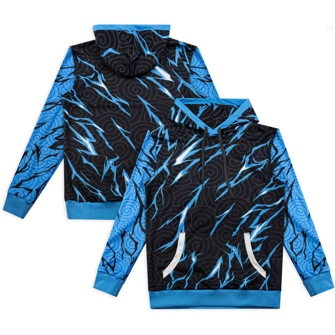 A vibrant men's active hoodie featuring a black base with blue lightning patterns and a blue hood.