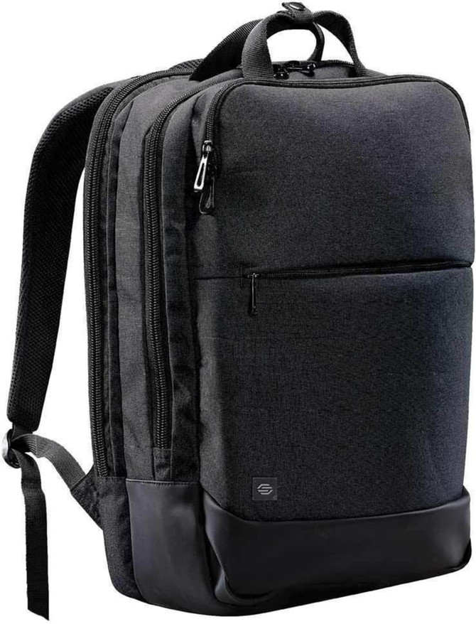 A black laptop backpack featuring multiple compartments and a textured fabric with a smooth base. It has a logo.