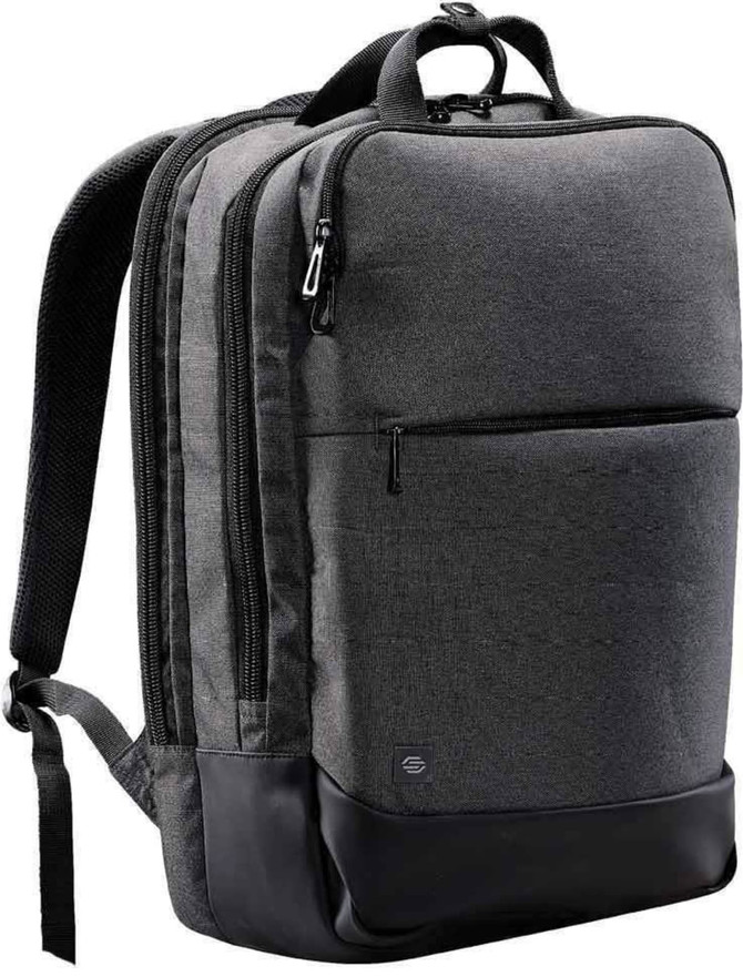 A grey laptop bag with multiple compartments, padded straps, and a textured bottom. It features a logo.