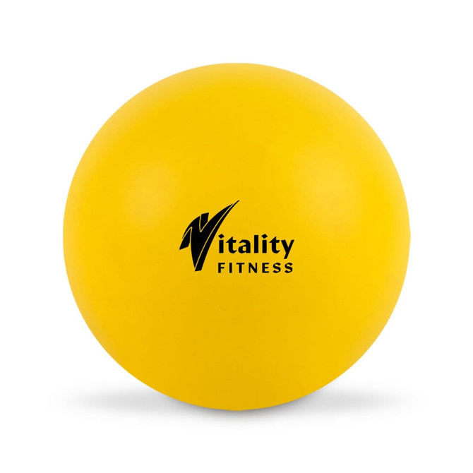 A yellow fitness ball featuring a logo. The ball has a smooth surface.