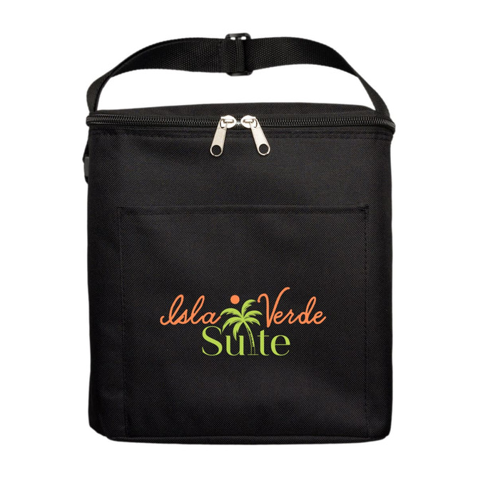 A black cooler bag with a zip closure and a front pocket, featuring a logo.