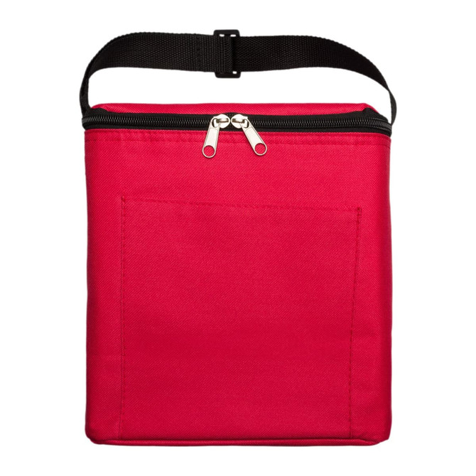 A red insulated bag with a zip closure and a front pocket, featuring a black strap on top.