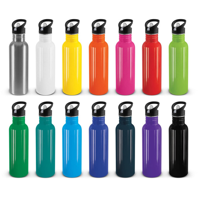 A drink bottle collection featuring various colours including silver, white, yellow, orange, pink, green, blue, and black. Each bottle has a handle and a logo.