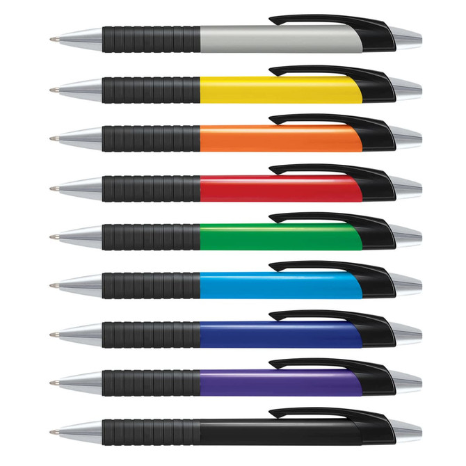 A collection of plastic pens with coloured barrels in grey, yellow, orange, red, green, blue, and purple, featuring a black grip and cap.