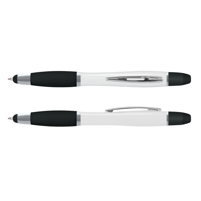 A multi-function pen featuring a white body and black rubber grip. It includes a pocket clip and has a sleek design.