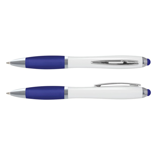A stylus pen with a white barrel and blue grip, featuring a silver clip and a branding logo.