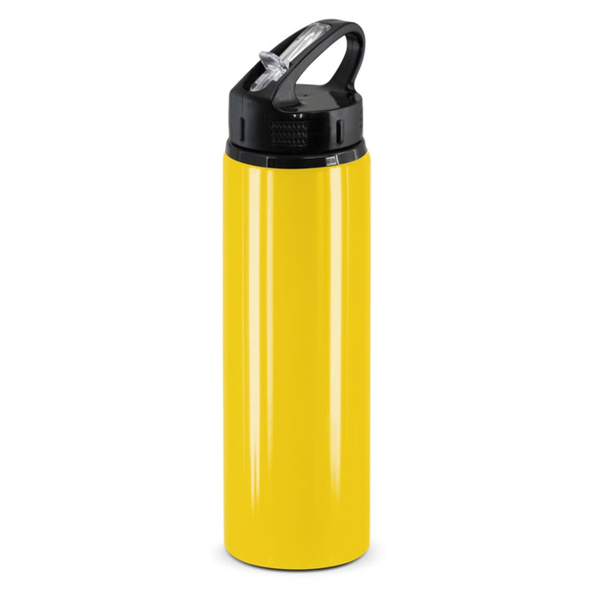 A drink bottle in vibrant yellow with a black flip cap and handle, featuring an unseen logo.