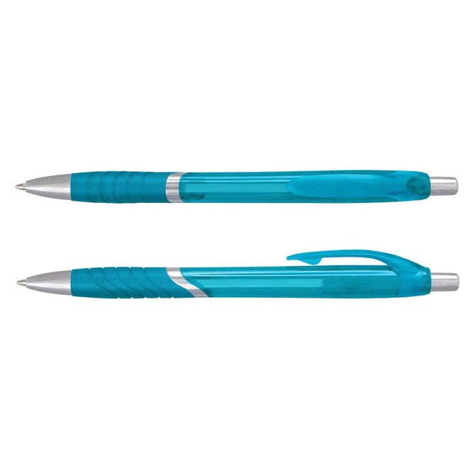 Two turquoise plastic pens with silver accents and grips, featuring a clip and a smooth design.