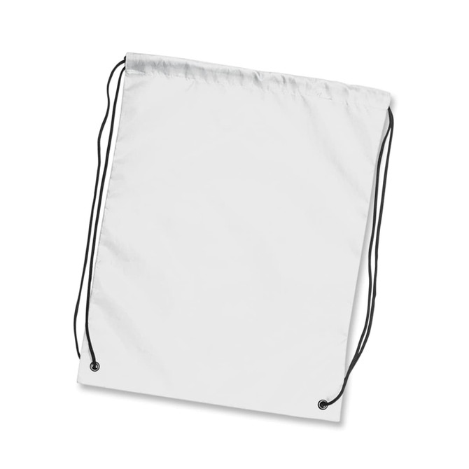 A white drawstring backpack with black cords and eyelets for closure. It features a simple, minimal design.
