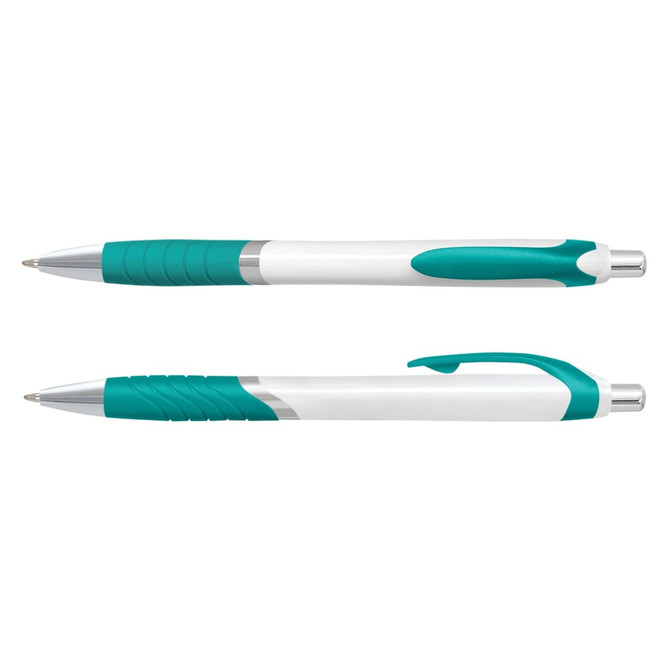 A white barrel pen with a teal grip and accents, featuring a silver clip and details. It has a logo present.
