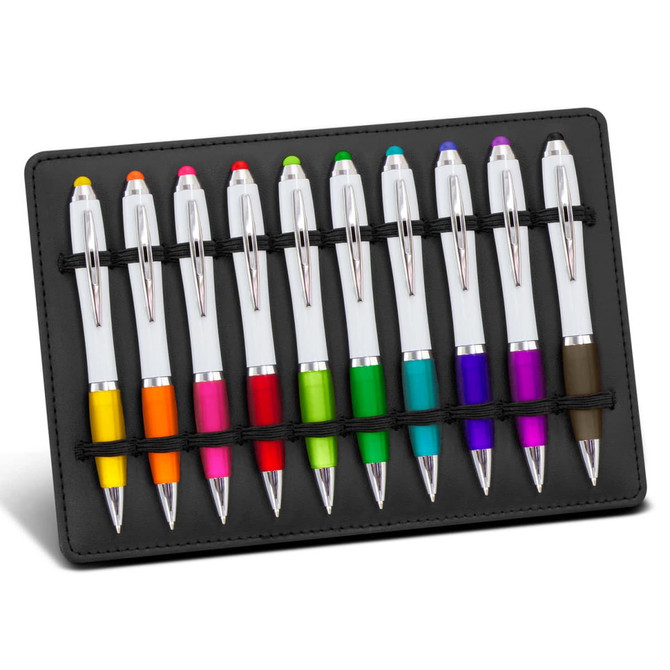 A display stand featuring ten multi-coloured pens with white barrels and chrome accents on a black background.
