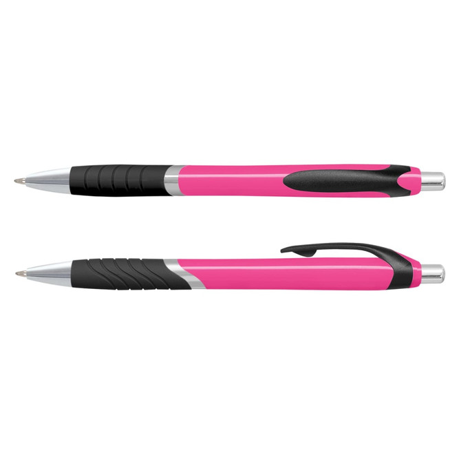 A set of pink plastic pens with black grips and silver accents, featuring a logo on each pen.