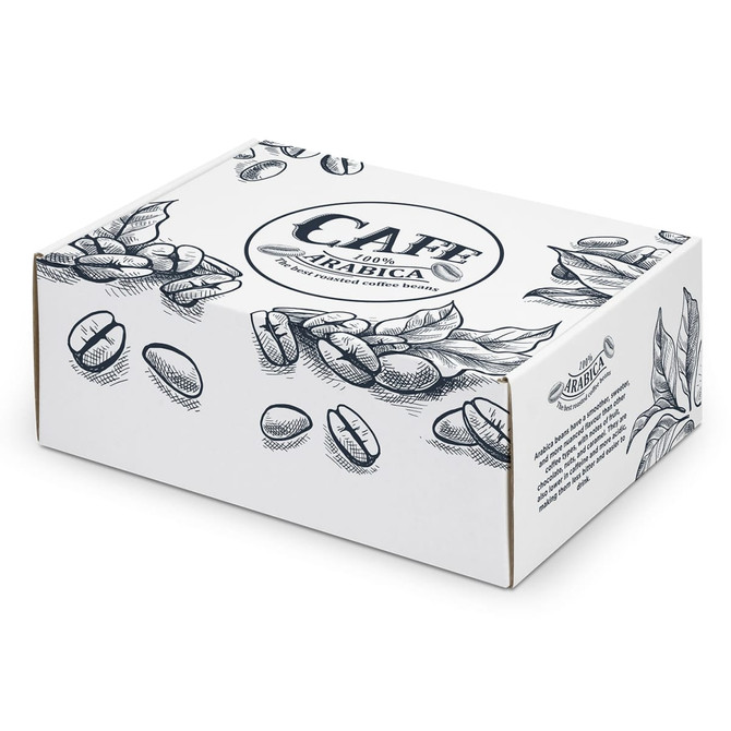 A white die cut box with a locking lid, featuring illustrations of coffee beans and leaves.