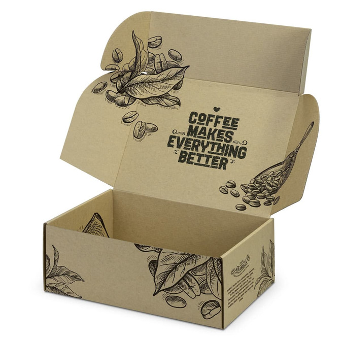 A brown die cut box with a locking lid, featuring coffee-themed illustrations and an interior print design.