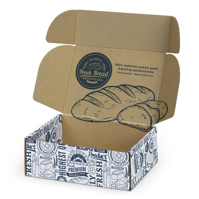 A die-cut box with a locking lid, featuring a brown exterior and a printed white interior design related to baking.