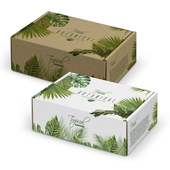 A set of two die cut boxes with locking lids, featuring tropical leaf designs in natural and white colours. Each box has a logo.
