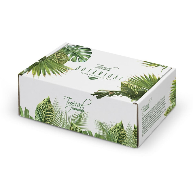A die cut box with a locking lid, featuring a tropical botanical design in green and white.