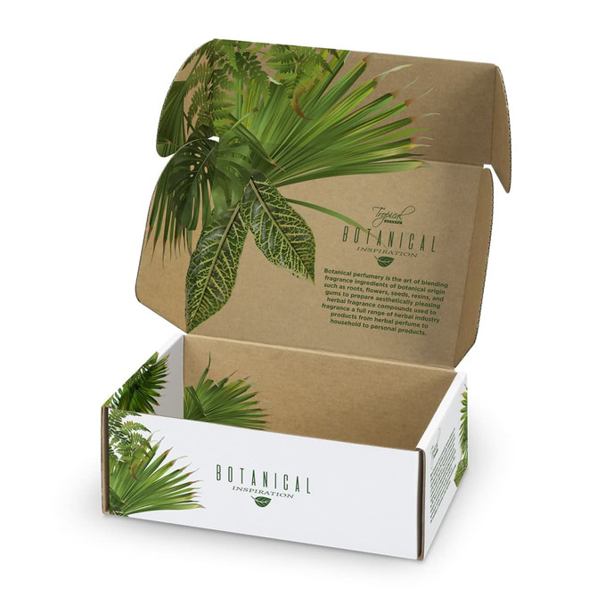 A die-cut box with a locking lid, featuring a botanical design in green and white, open to reveal its interior.