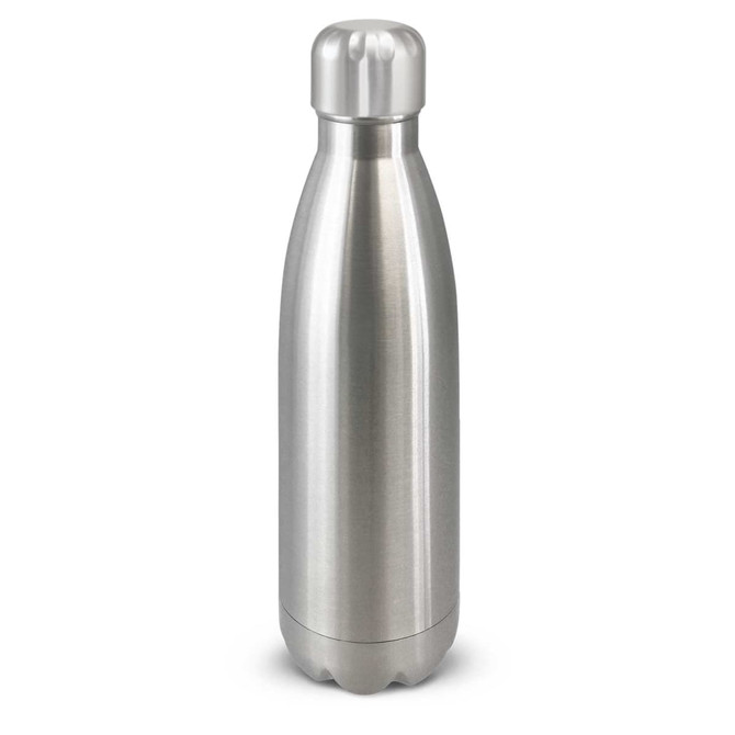 A drink bottle with a sleek stainless steel design, featuring a polished finish and a rounded cap.