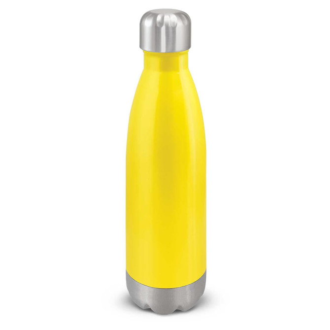 A drink bottle in bright yellow with a silver stainless steel base and cap, featuring a simple design and a logo.