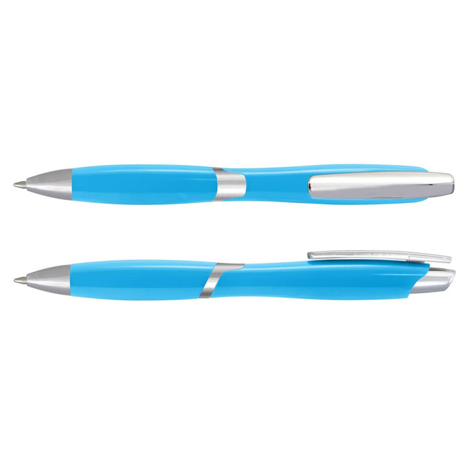 A plastic pen in bright blue with silver accents, featuring a sleek design and a smooth body.
