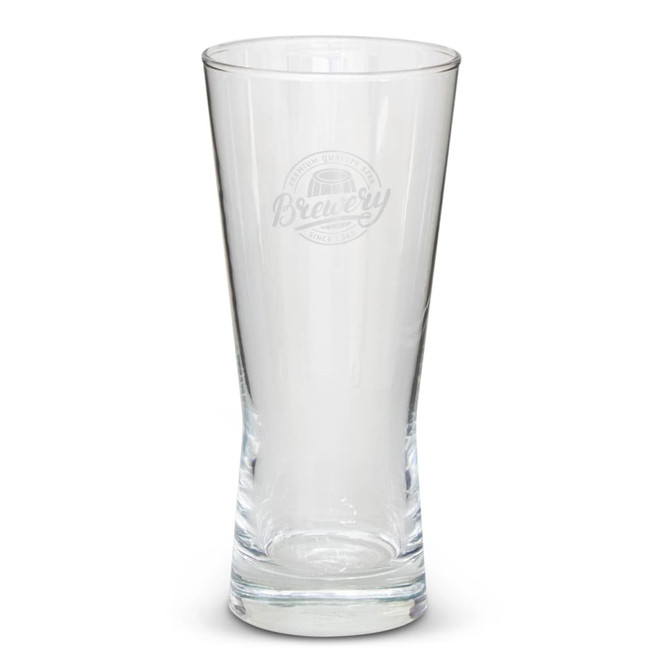 A clear glass beer glass with an imitation etch design and a round base. It features a logo.