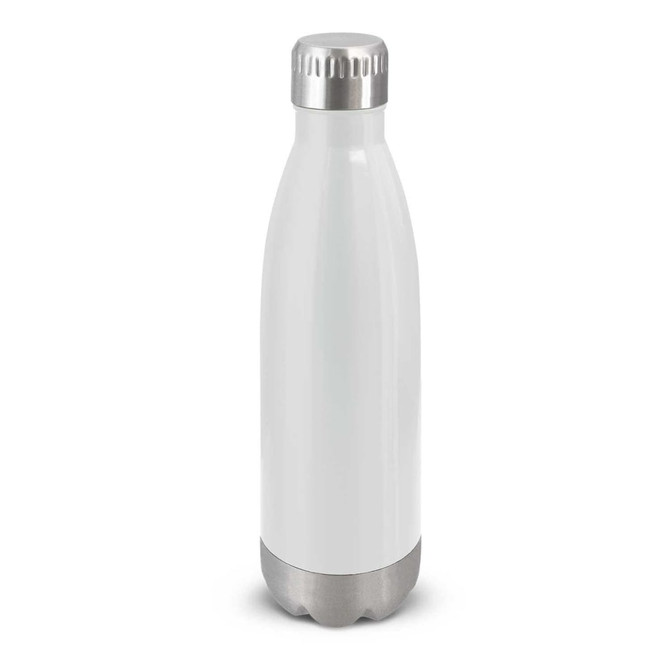 A drink bottle in white with a stainless steel base and top, featuring a logo on its surface.