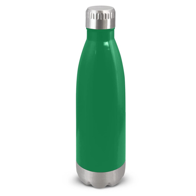 A drink bottle in vibrant green with a stainless steel base and metallic cap, featuring a logo on the body.