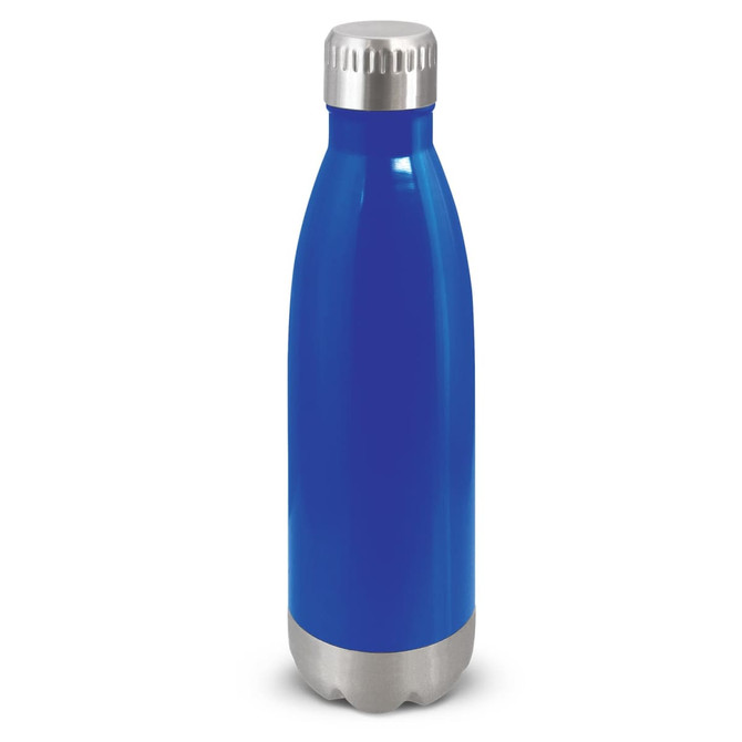A drink bottle in bright blue with a stainless steel base and a silver cap, featuring a logo.