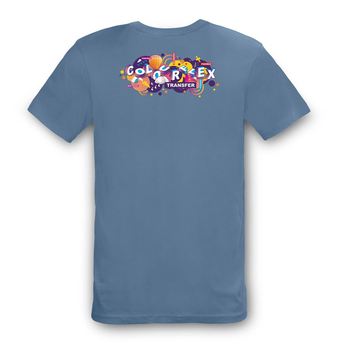 A blue unisex T-shirt featuring a Colourflex transfer design on the back and a logo.