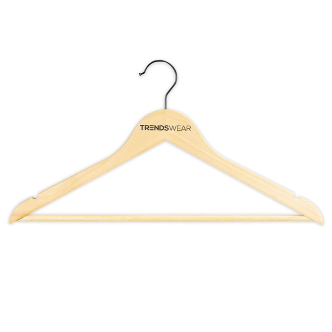 A wooden hanger in a light natural finish, featuring a black hook and a logo on the top.
