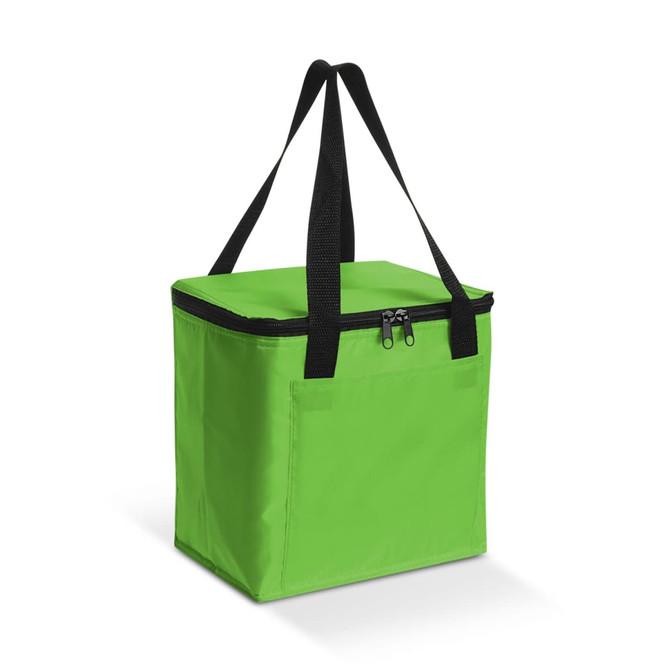A vibrant green cooler bag with a zippered top and black straps. It features a front pocket and a square shape.