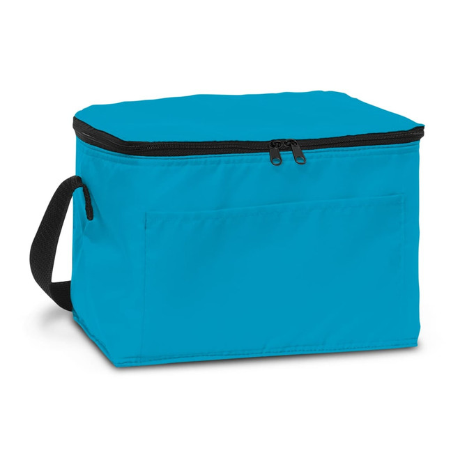 A turquoise cooler bag with a zippered top and a side pocket, featuring a black strap.