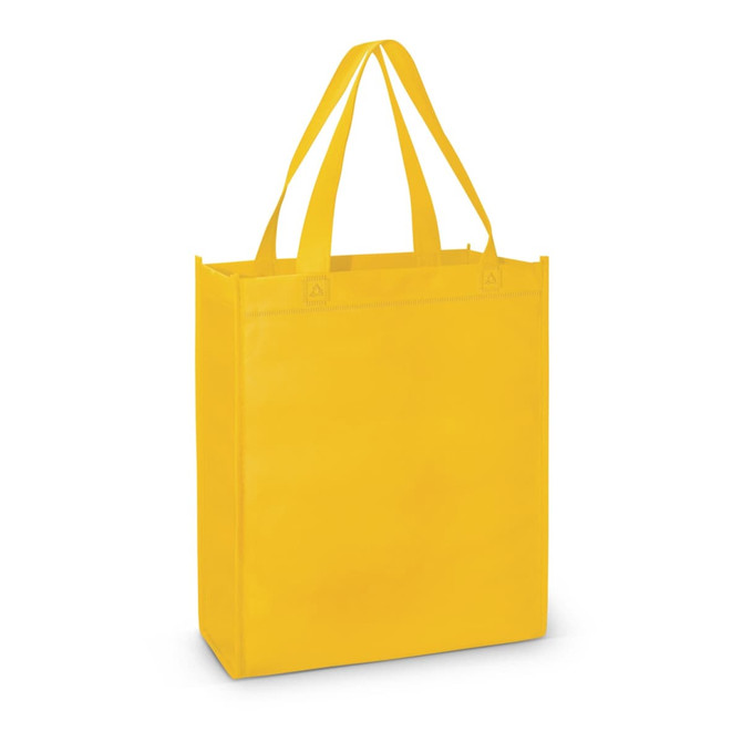 A bright yellow tote bag with two handles and a simple design. It features a logo on the front.