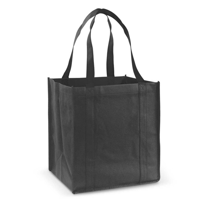 A black tote bag with two sturdy handles and an open-top design, featuring a simple, unadorned style.