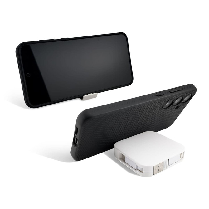 A retractable charging cable in white, positioned beside a black smartphone case, featuring a sleek design and a logo.