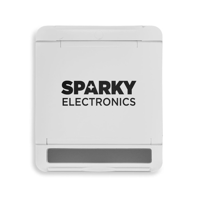 A white tech pack featuring a logo, designed for electronic storage or organisation. The pack has a grey sliding section.