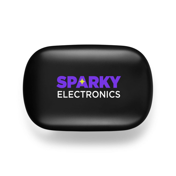 A black promotional case featuring a logo. The design is sleek and rectangular in shape.