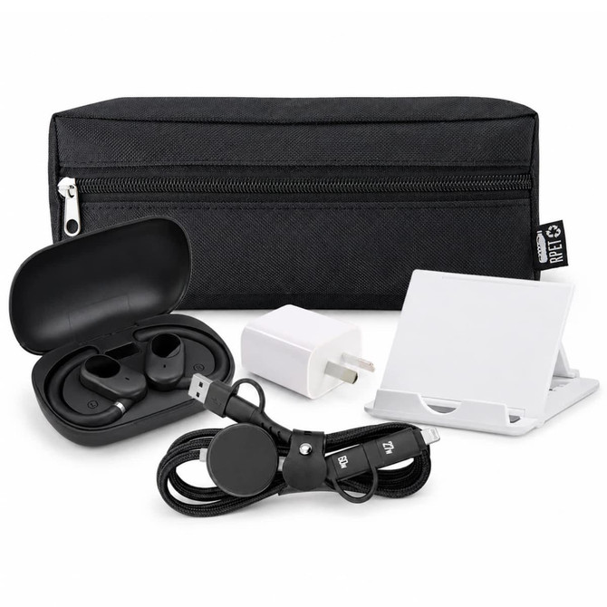 A black tech pouch containing wireless earbuds, a charger, a charging cable, and a phone stand.